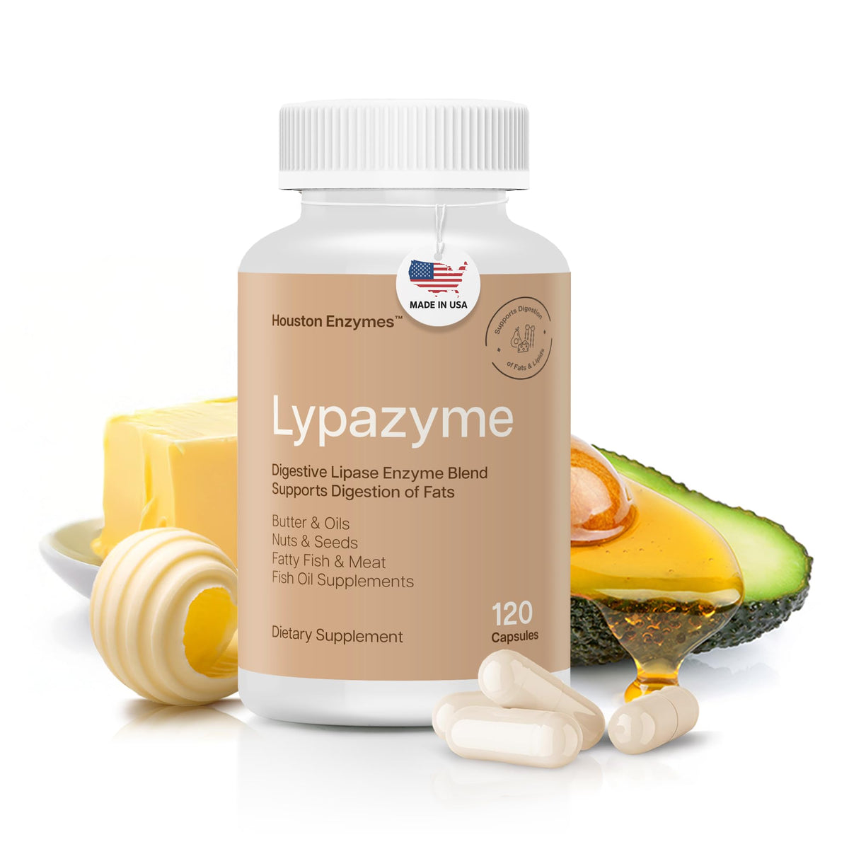 Houston Enzymes Lypazyme bottle on shelf offering fat digestion support