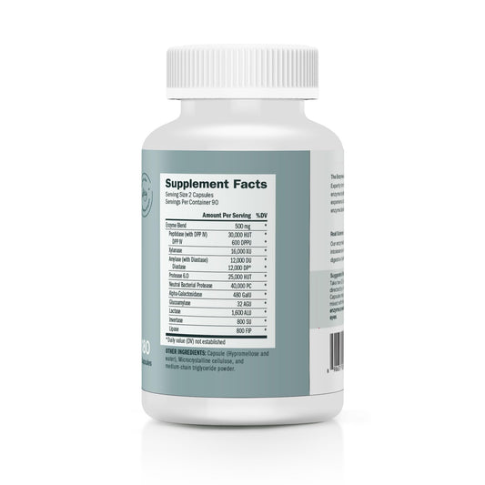 Houston Enzymes TriEnza bottle side view showing compact packaging.