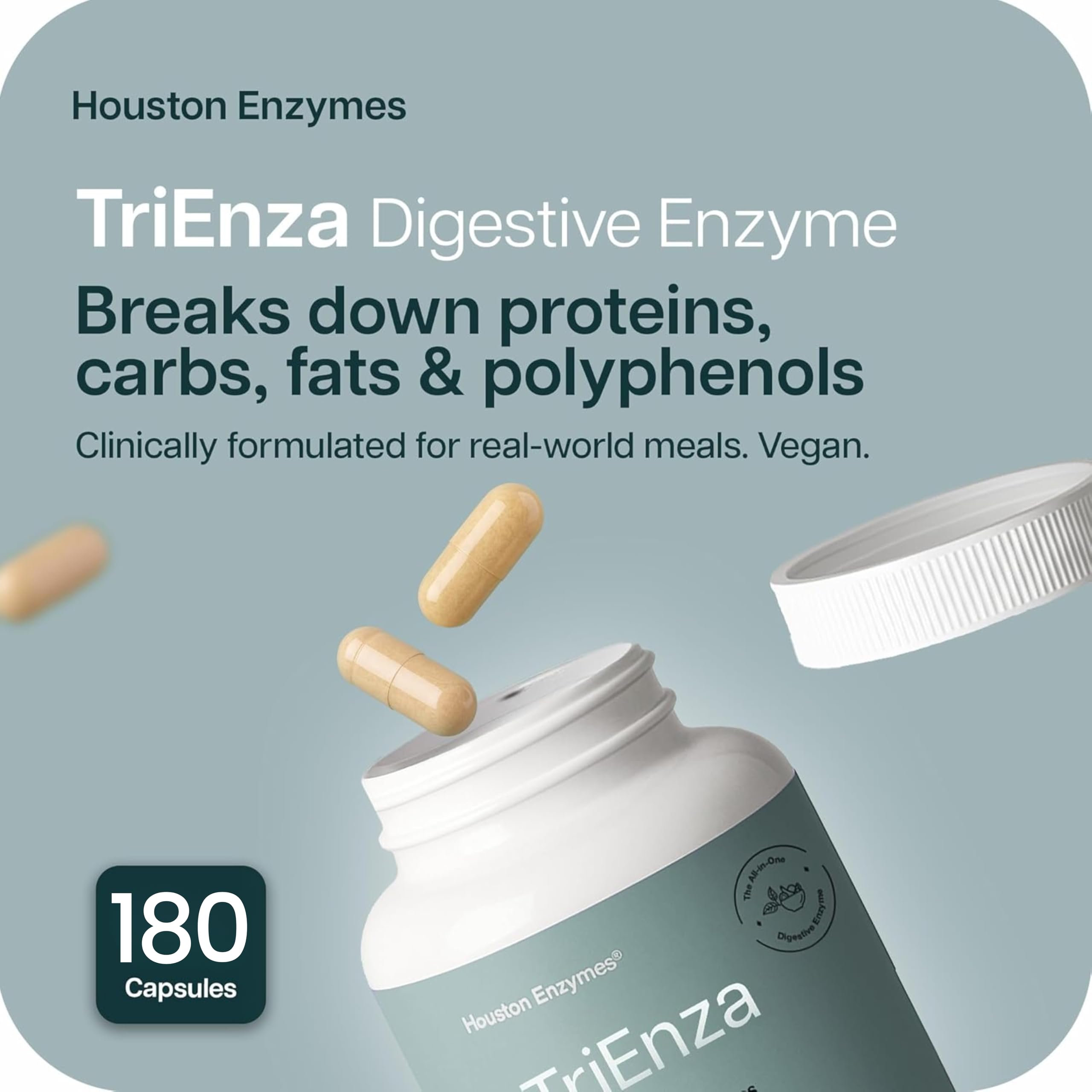 TriEnza capsules close-up showing easy digestion support for diverse meals.