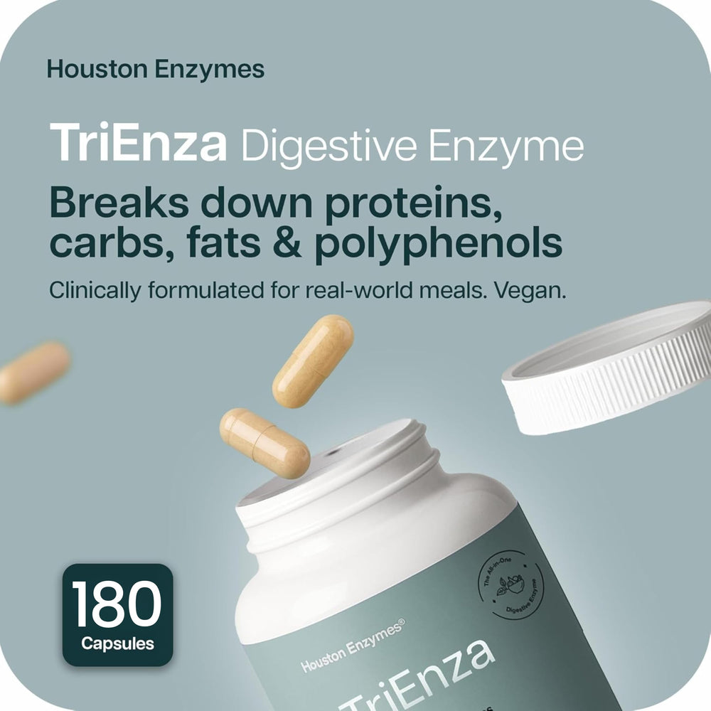 TriEnza capsules close-up showing easy digestion support for diverse meals.