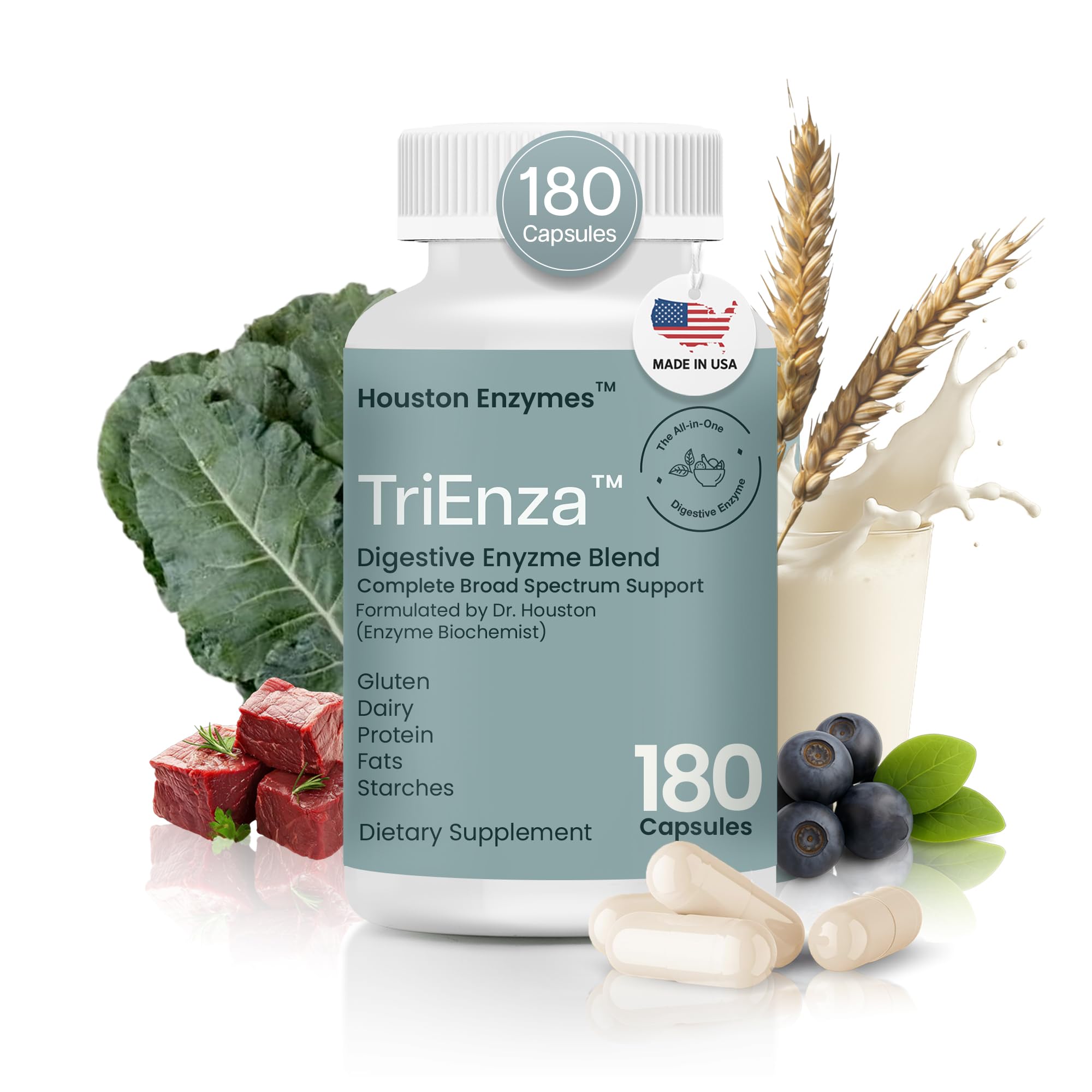 Houston Enzymes TriEnza bottle with capsules supports protein and lactose digestion.
