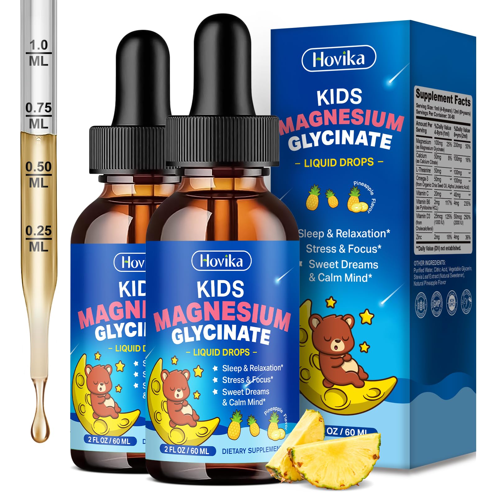 Hovika kids magnesium liquid bottle pour showing easy bedtime preparation