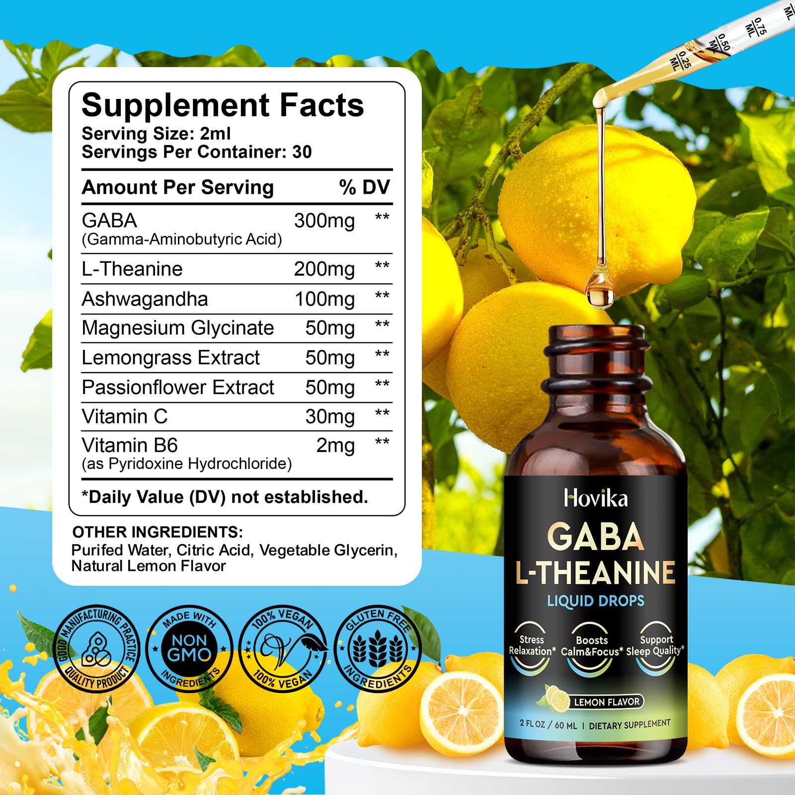 Hovika GABA L-Theanine drops ingredients panel shows magnesium glycinate support