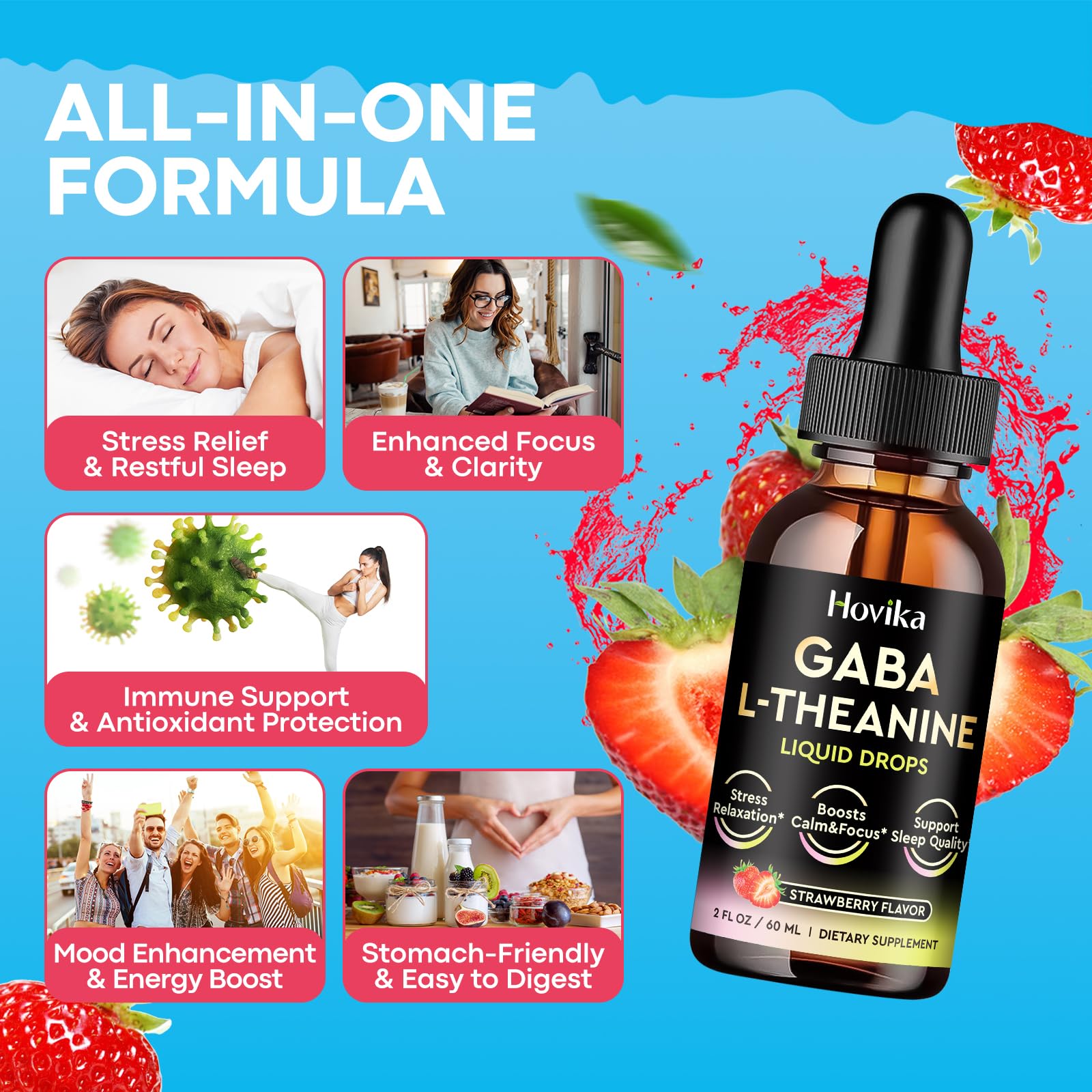 Hovika GABA L-Theanine Drops pour demonstrates easy 2 ml dose for daily use.