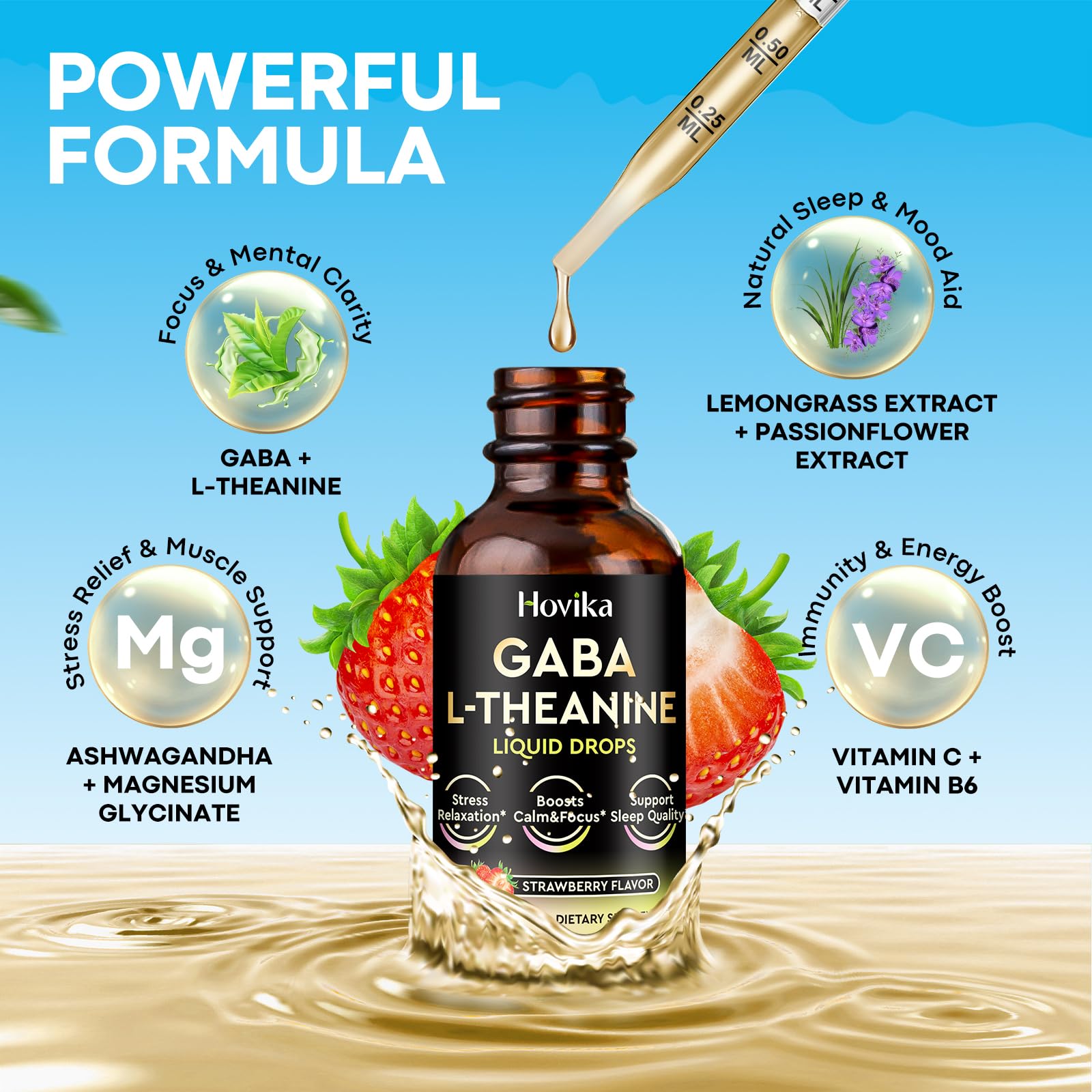 Hovika GABA L-Theanine Drops strawberry glass shows refreshing flavor use.
