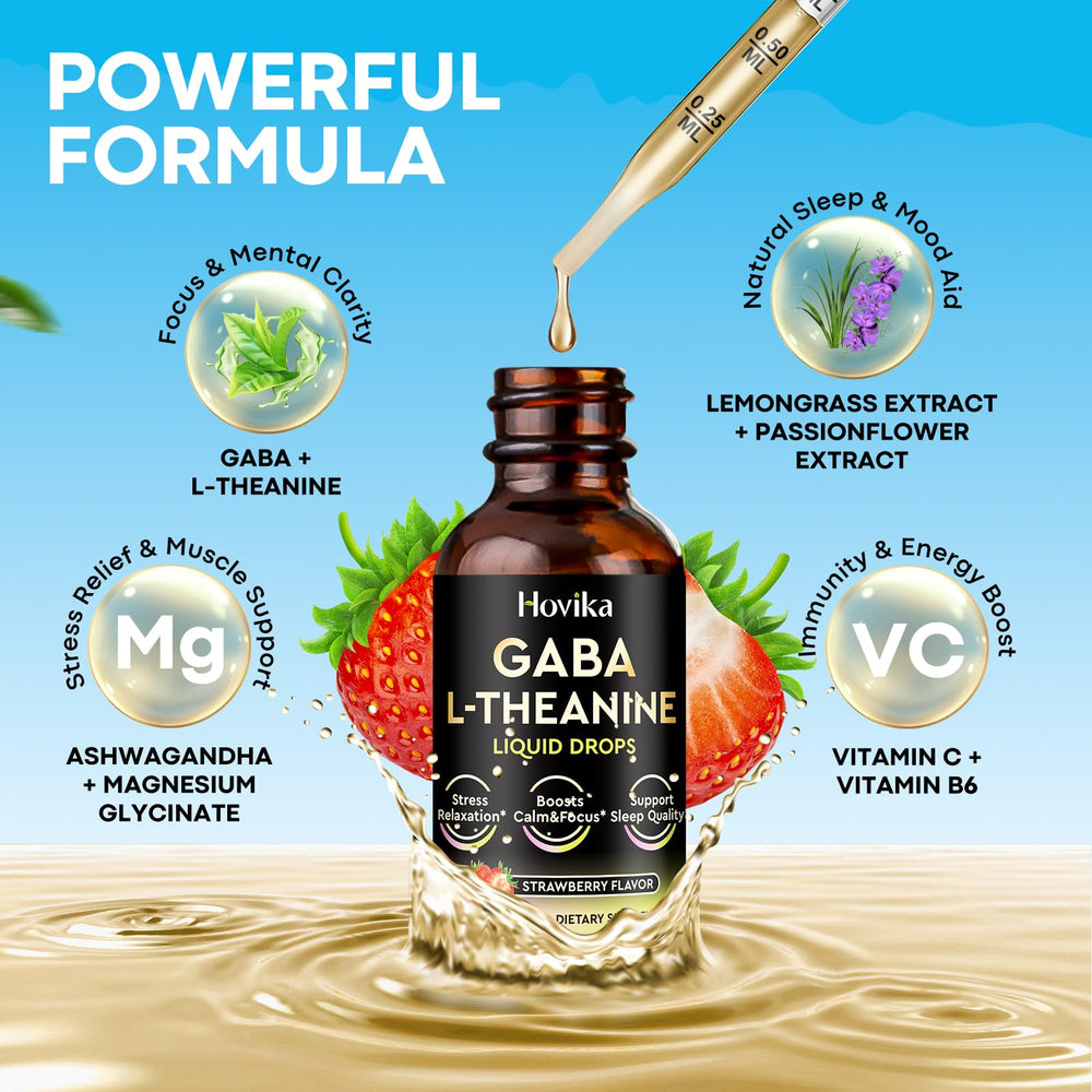 Hovika GABA L-Theanine Drops strawberry glass shows refreshing flavor use.
