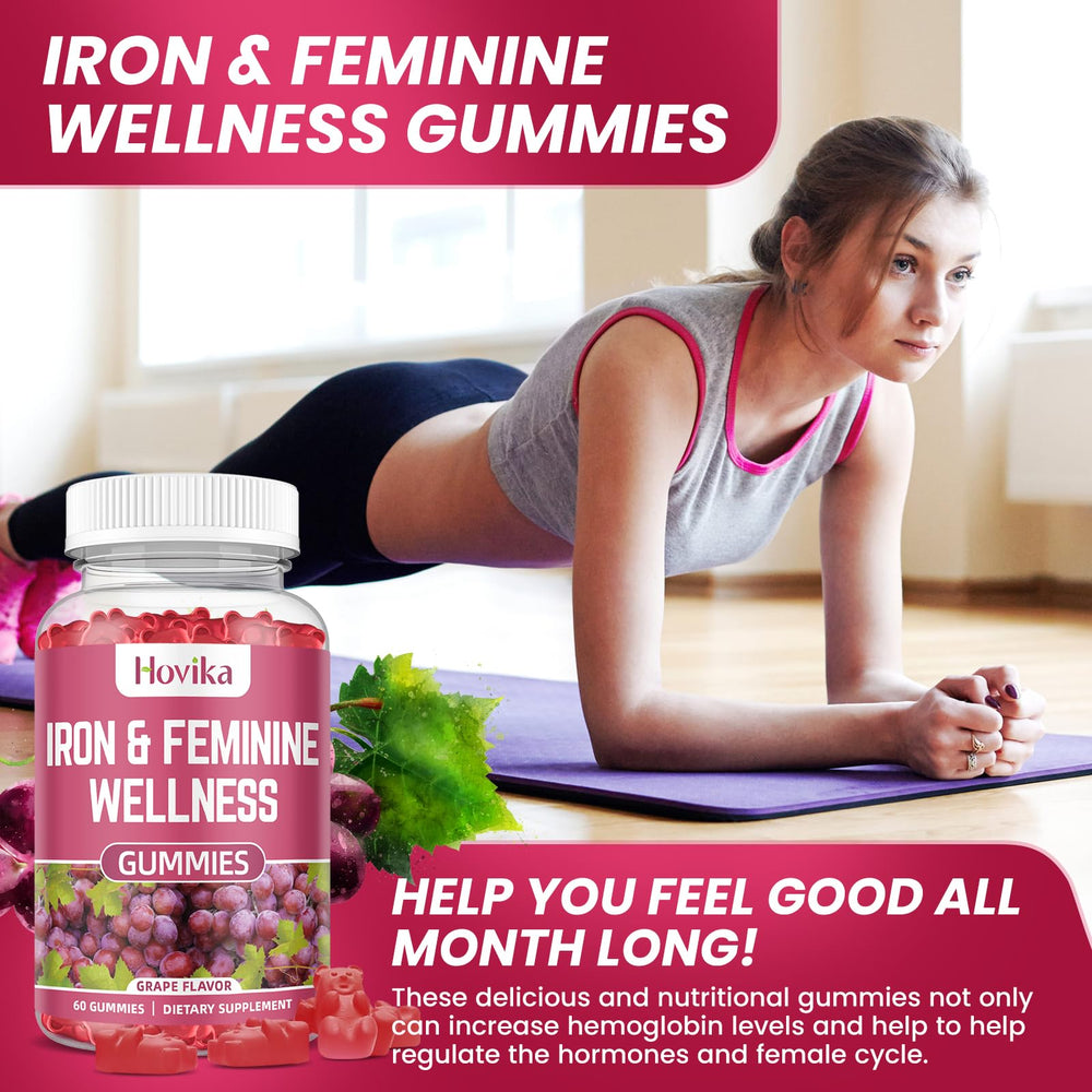 Hovika grape-flavored gummies served on a plate signaling tasty daily iron support
