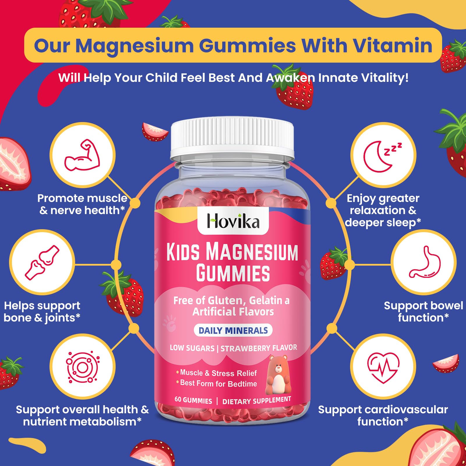 Hovika ingredients display with vegan formula and vitamins D3 and B6 supporting nutrient delivery.