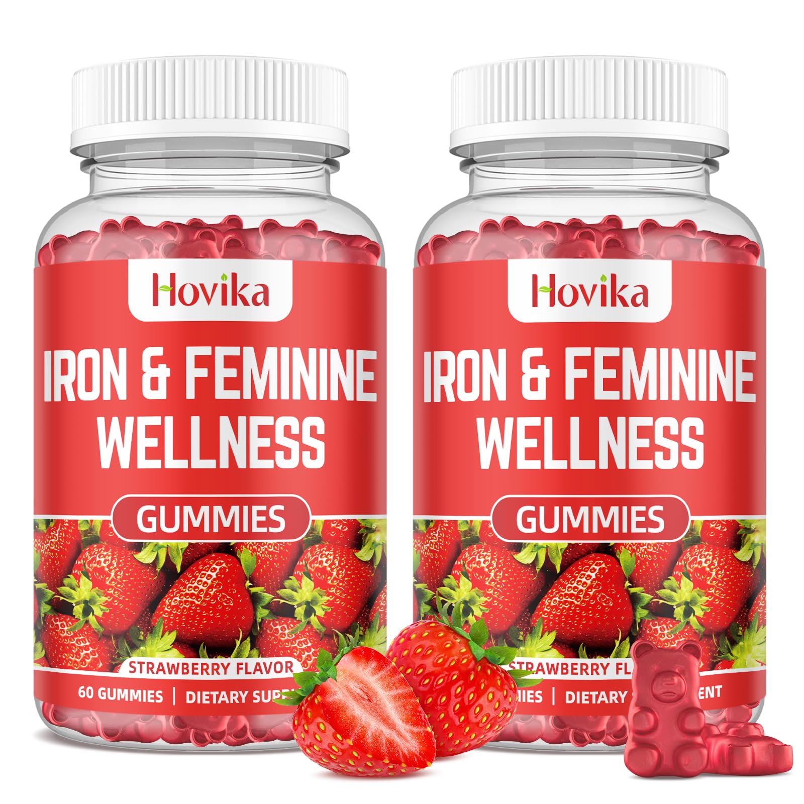 Hovika Iron for Women Gummies bottle front with strawberry flavor and energy support