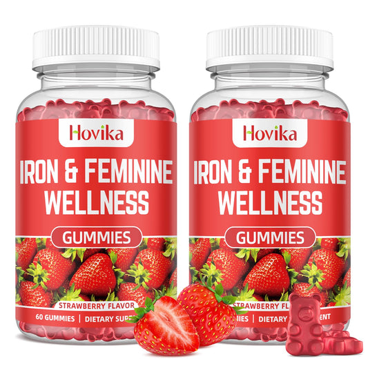 Hovika Iron for Women Gummies bottle front with strawberry flavor and energy support