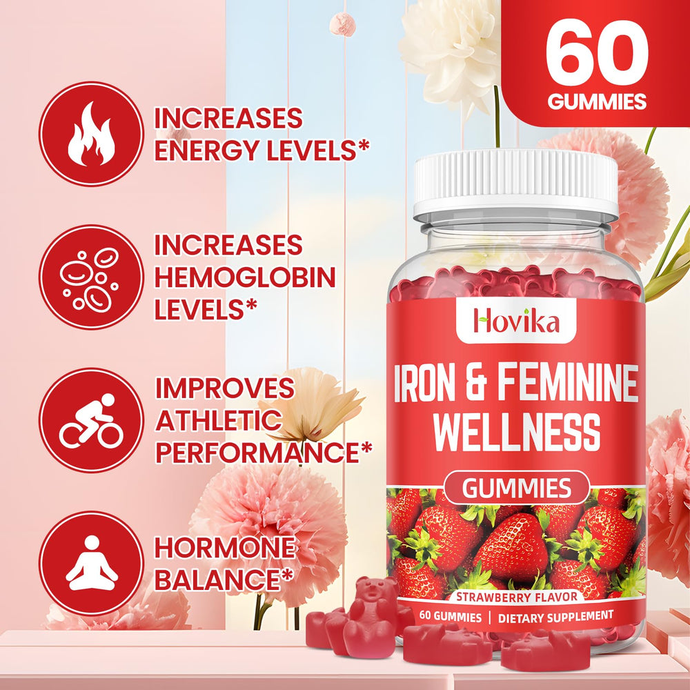 Hovika Iron for Women Gummies bottle side shows 60-day supply and hormone balance