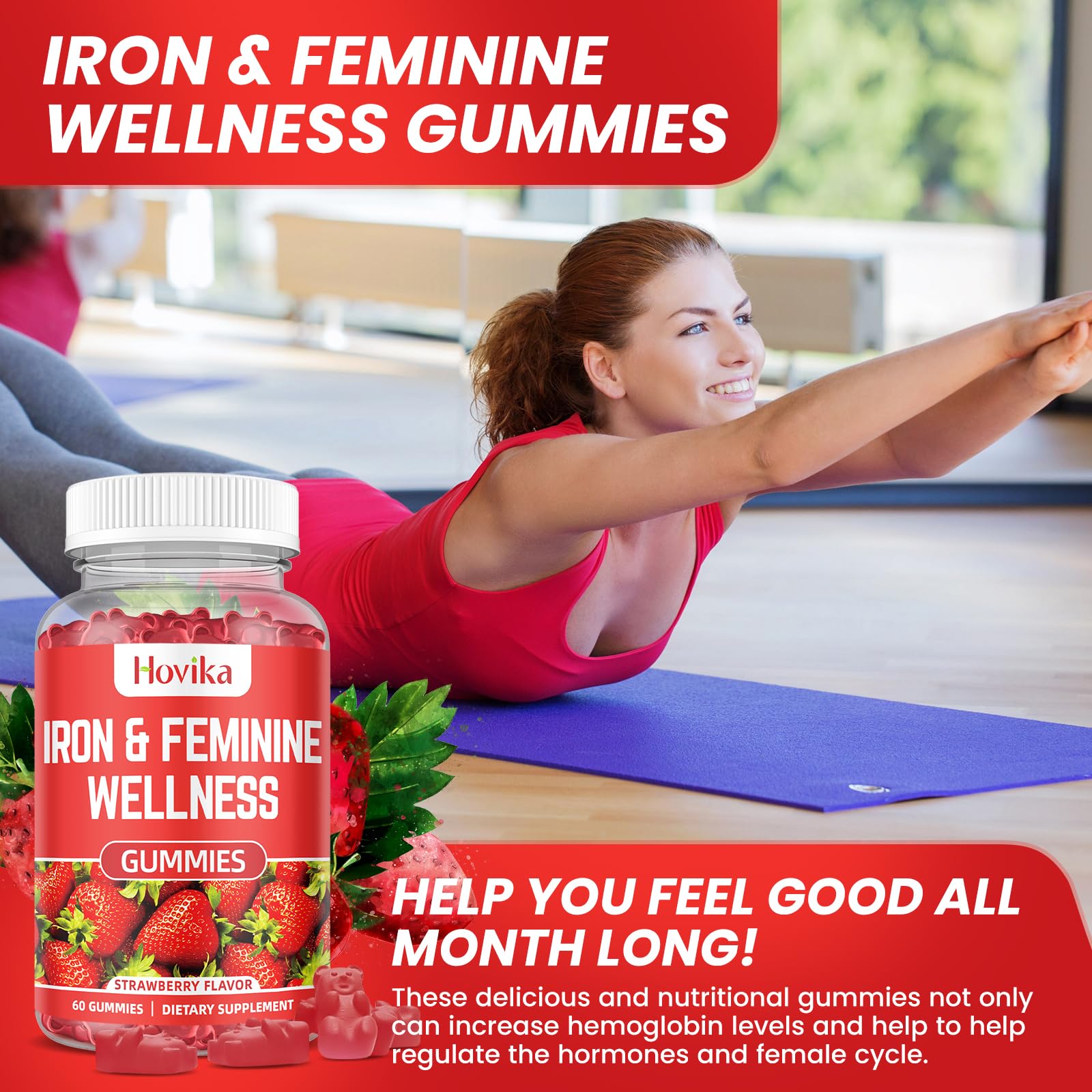 Hovika Iron for Women Gummies nutritional chart emphasizes iron bisglycinate absorption