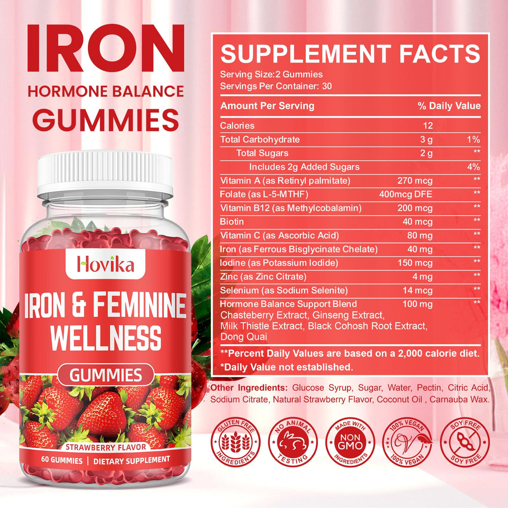 Hovika Iron for Women Gummies packaging label highlights vitamins and minerals