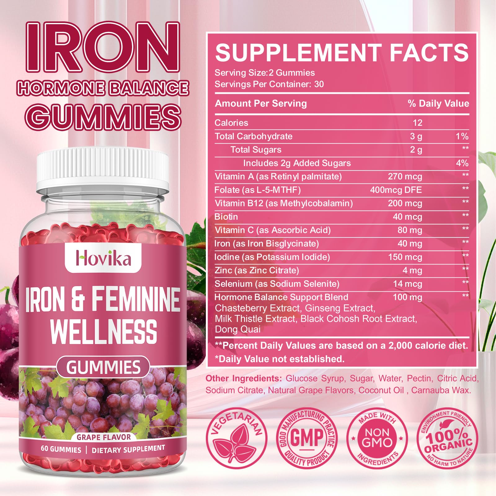 Hovika Iron for Women gummies pouring into a glass for easy daily intake