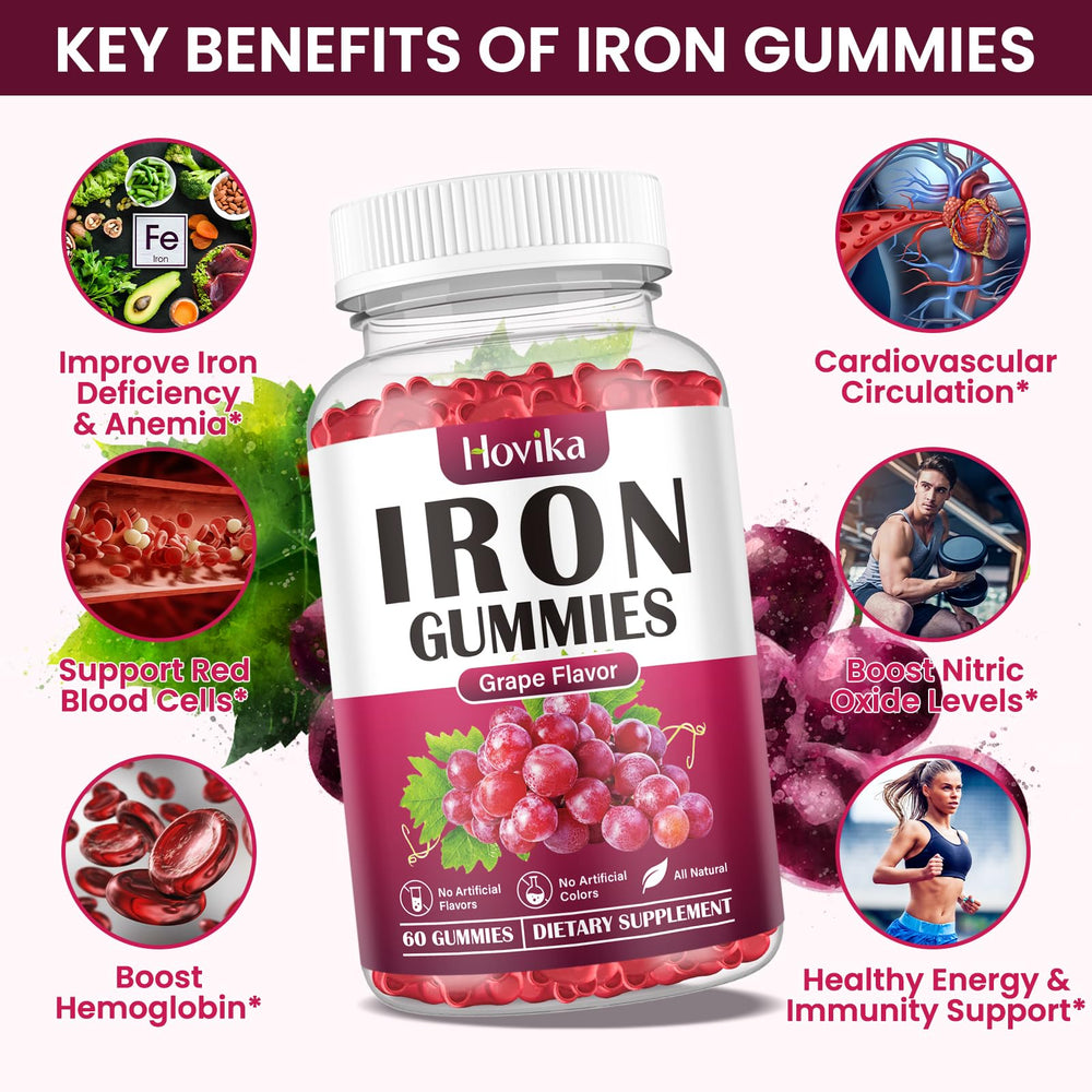Hovika Iron Gummies beet-root ingredient emphasizes natural plant-based iron boosters.