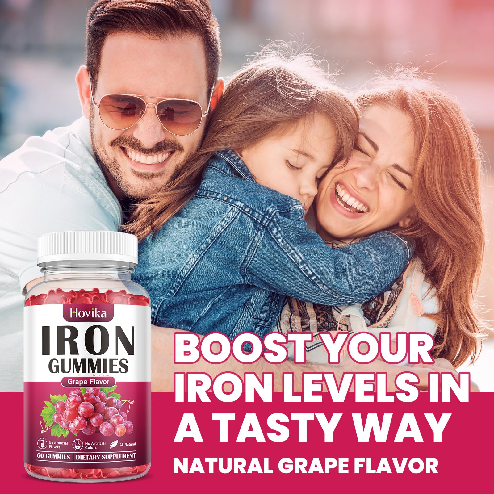 Hovika Iron Gummies pack shot communicates value of the 2-pack set.