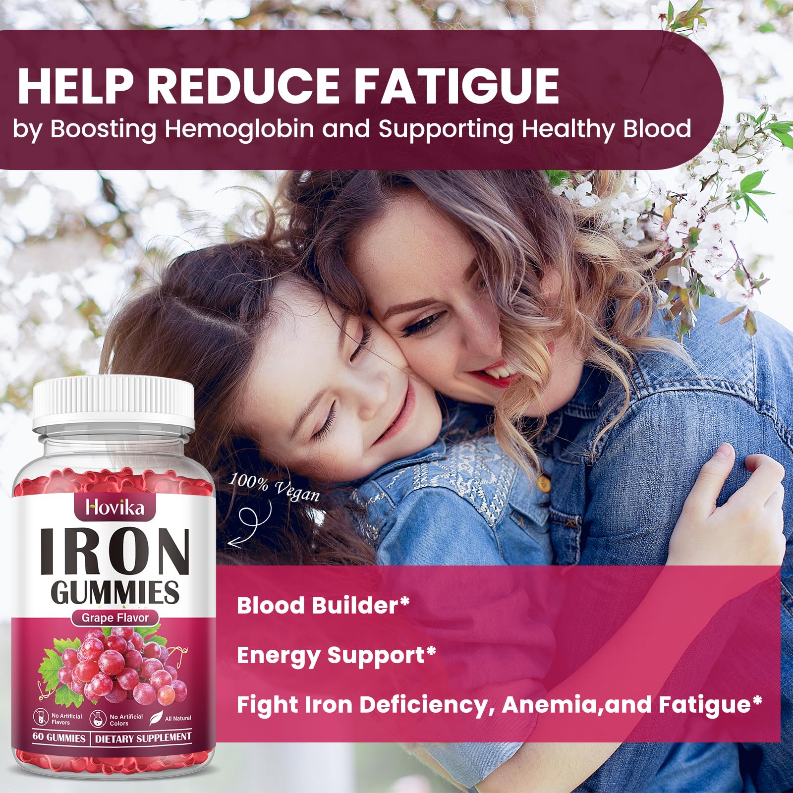Hovika Iron Gummies label image shows vitamin C and B12 benefits.