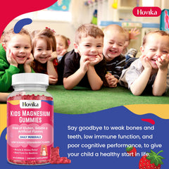 Hovika kid taking gummy in home setting, bright strawberry flavor.