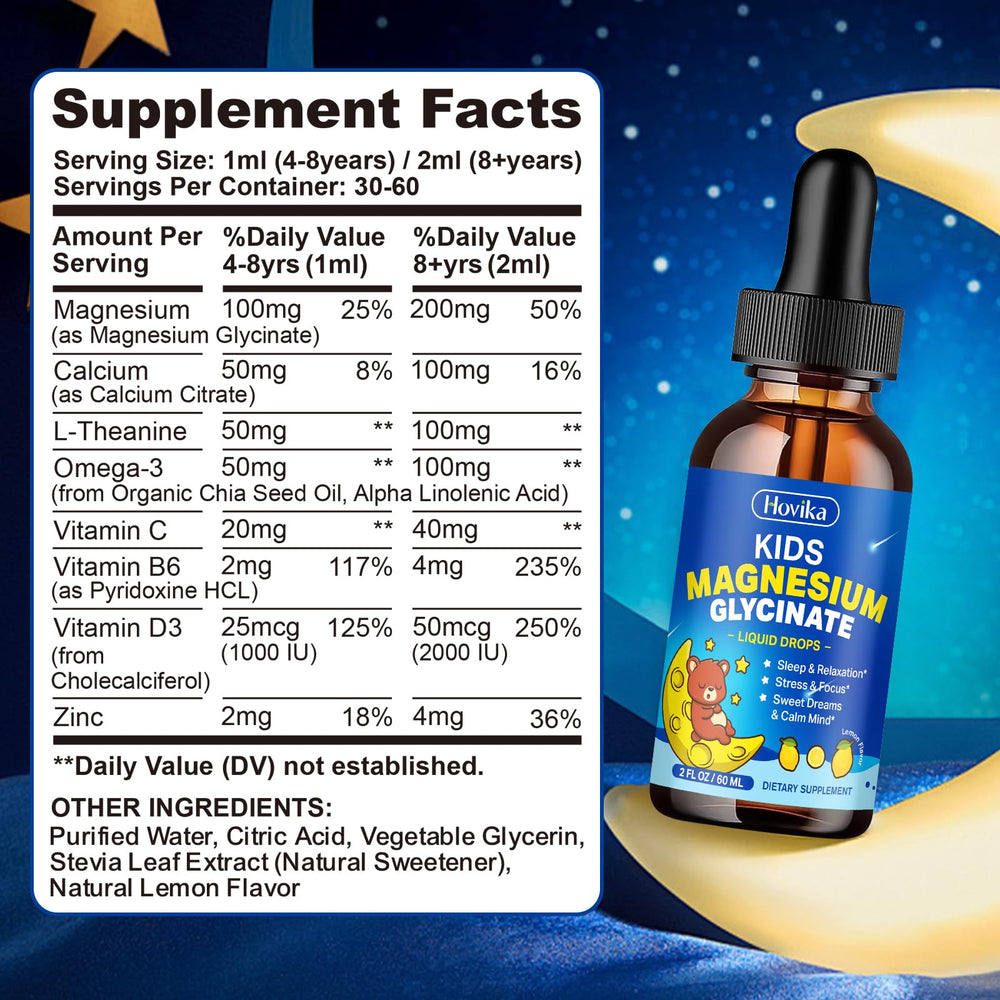 Hovika Kids Magnesium Drops label highlighting Vitamin D3 and zinc benefits.