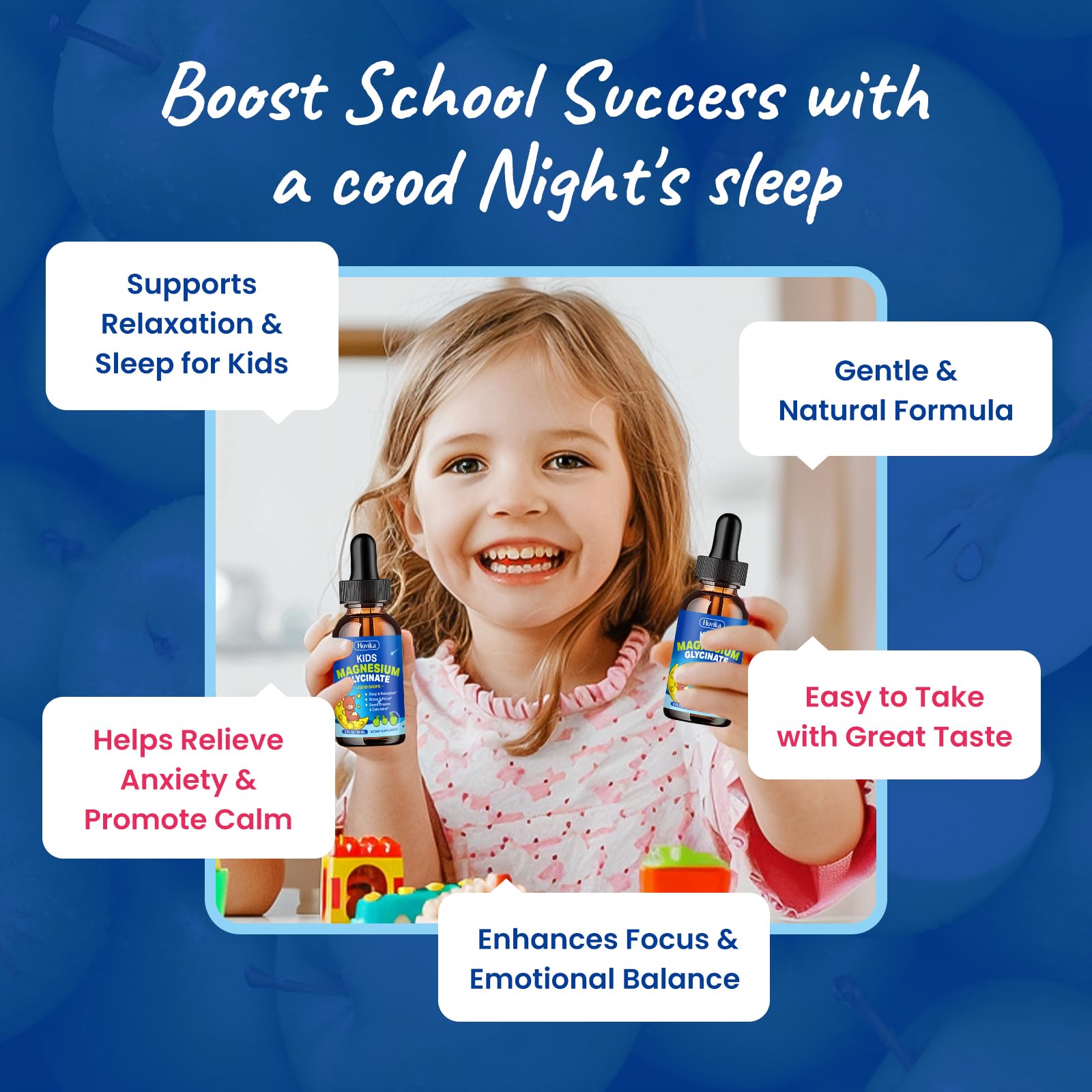 Kids taking Hovika Magnesium Liquid with delicious green apple taste.