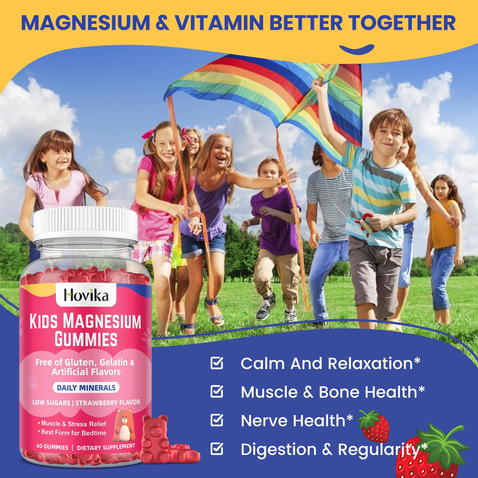 Hovika kids magnesium gummies close-up, soft texture ideal for easy chewing and daily calm.