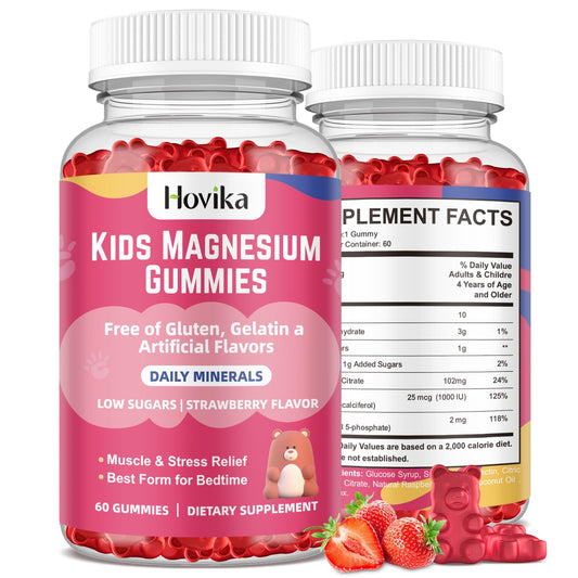 Hovika magnesium citrate gummies for kids front label with strawberry flavor for a tasty sleep-support option.