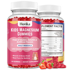 Hovika magnesium citrate gummies for kids front label with strawberry flavor for a tasty sleep-support option.