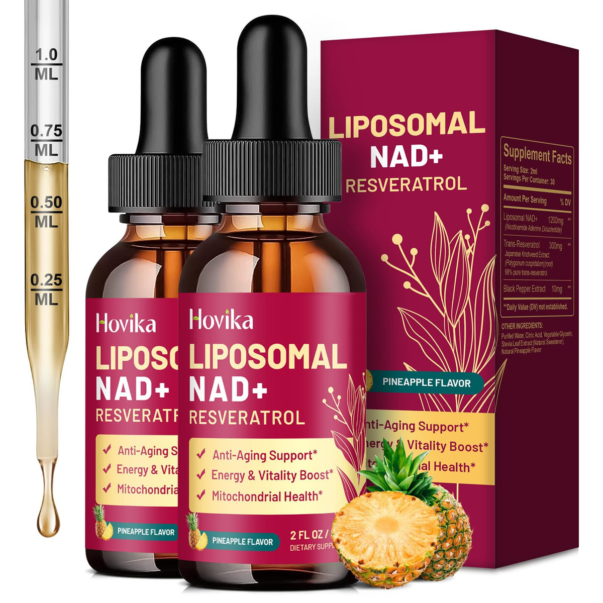 Hovika liposomal NAD+ drops bottle for convenient daily energy support.