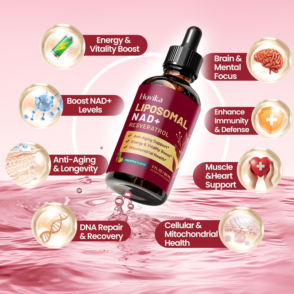 Hovika NAD+ liposomal liquid poured into a glass for easy intake.