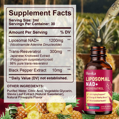 Pouring Hovika NAD+ liposomal drops to show fast absorption.