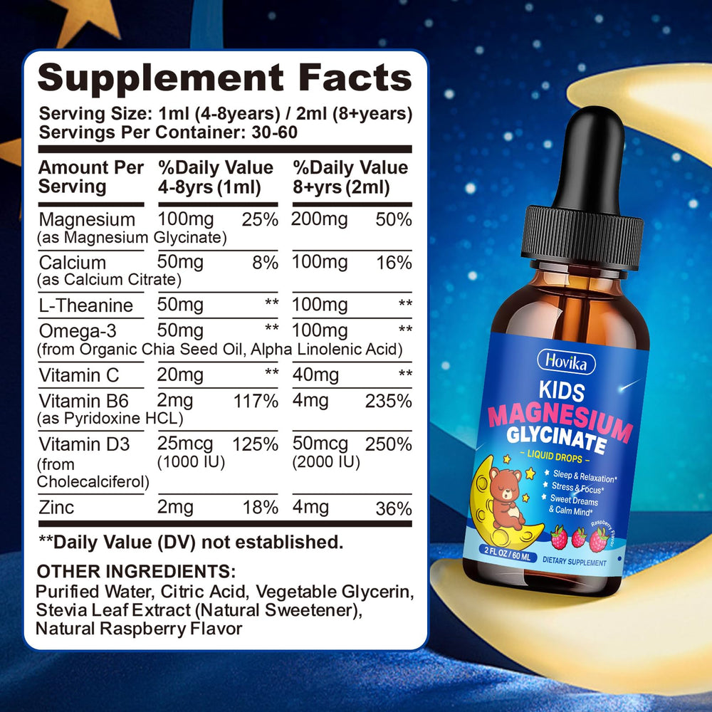 Hovika Raspberry Magnesium Drops for Kids dropper visible, easy dosing for busy evenings