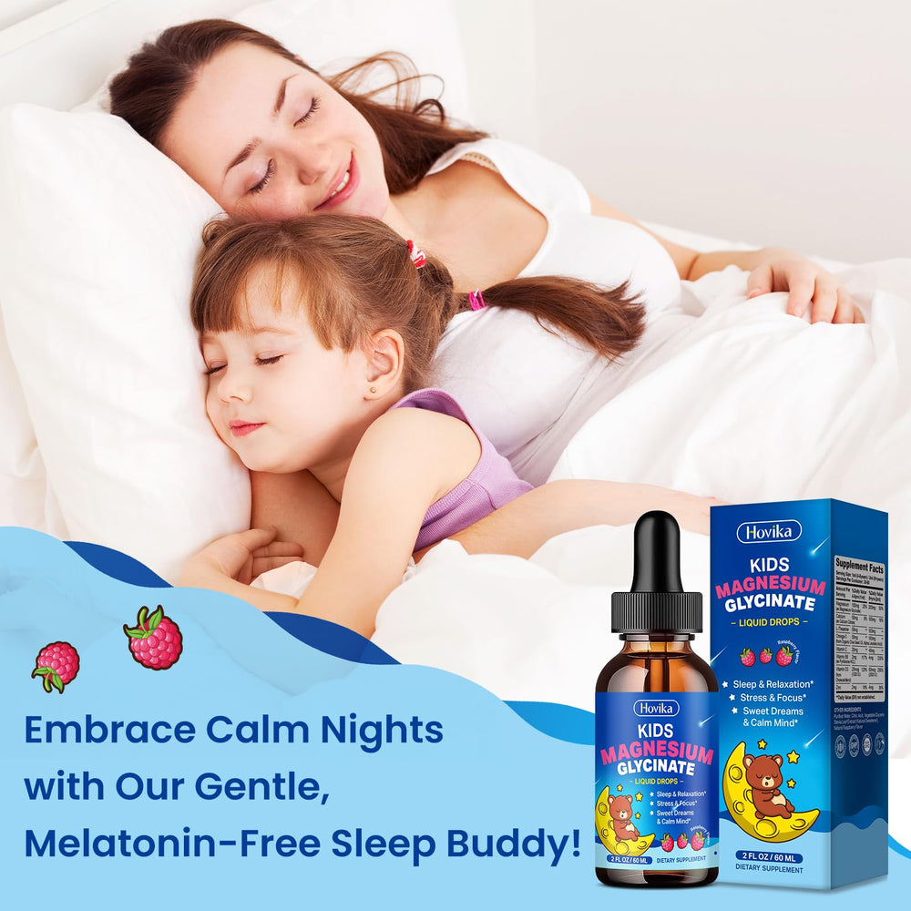 Hovika Raspberry Magnesium Drops for Kids packaging displayed, trusted daily nutrition for active children