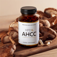 HPD Rx AHCC capsules close-up shows 1100 mg per serving.