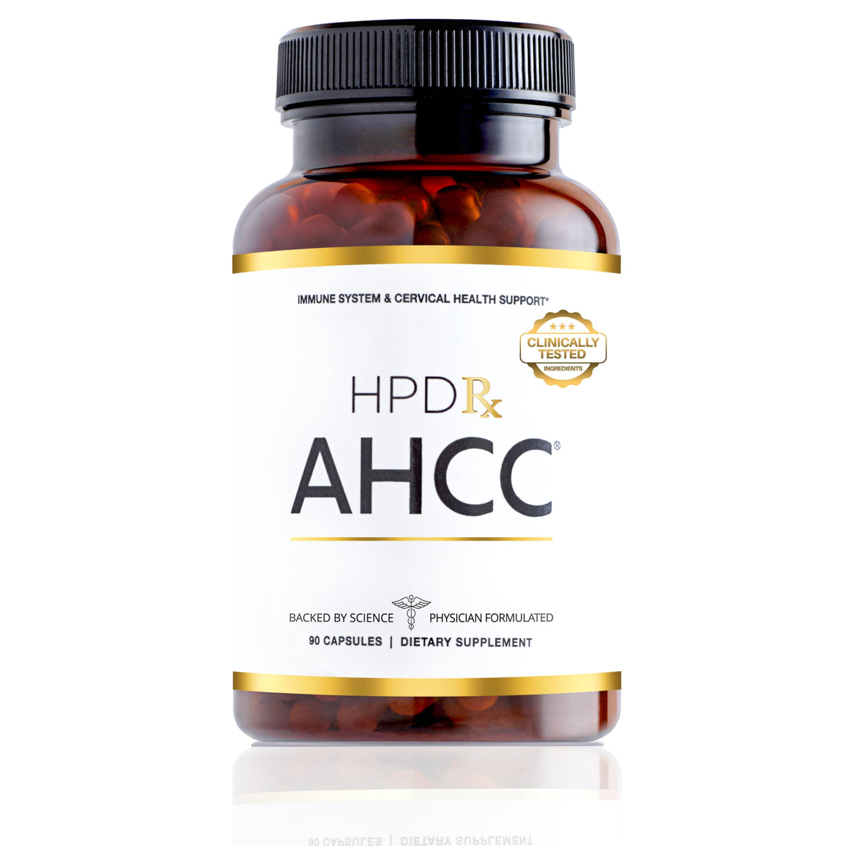 HPD Rx AHCC & Shiitake bottle demonstrates easy daily immune support.