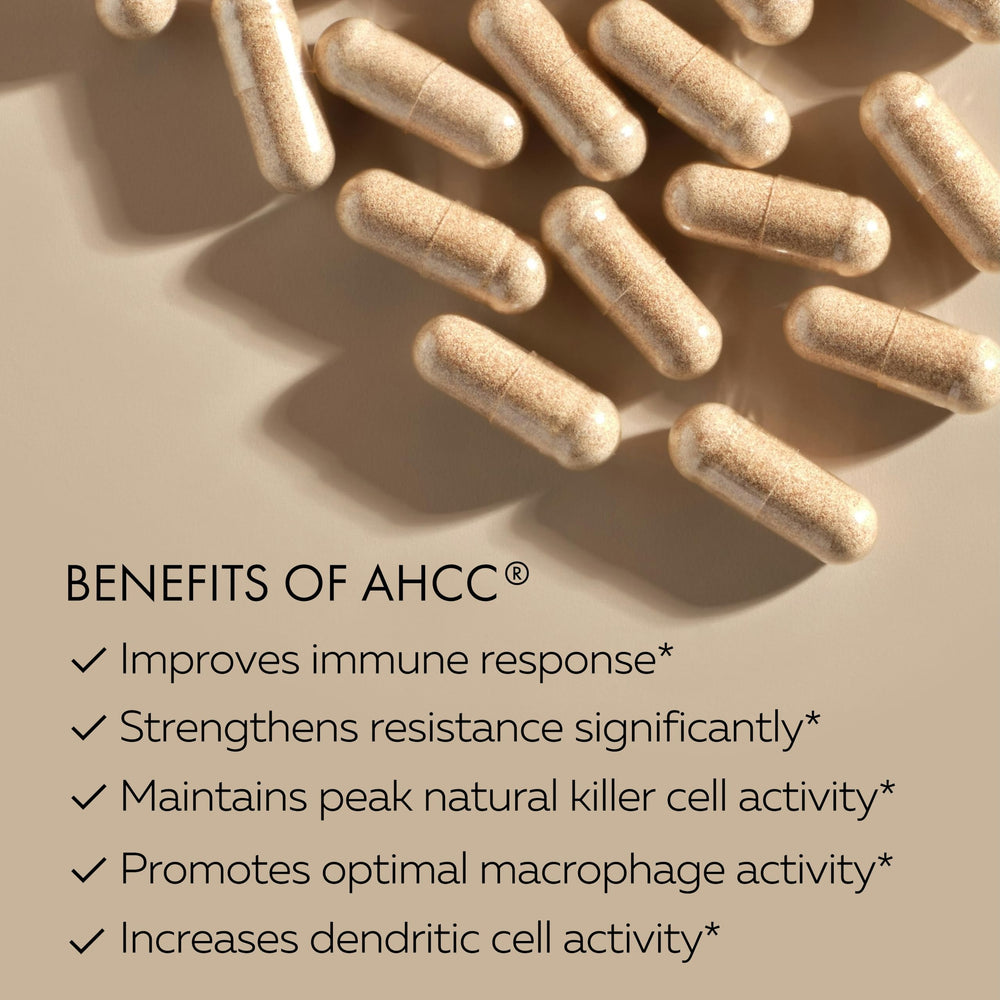 HPD Rx AHCC Shiitake capsules in hand suggest convenient daily use