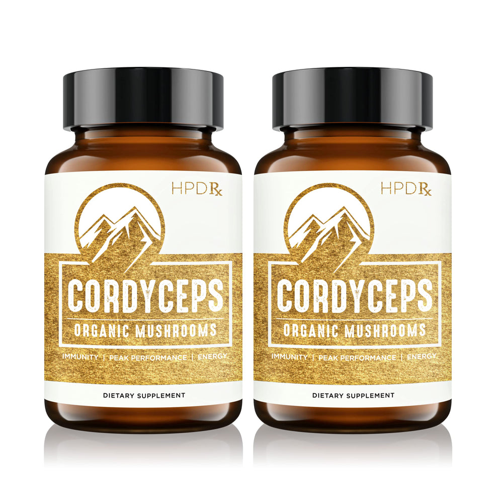 HPD Rx Premium Organic Cordyceps bottle for daily energy and immune wellness.