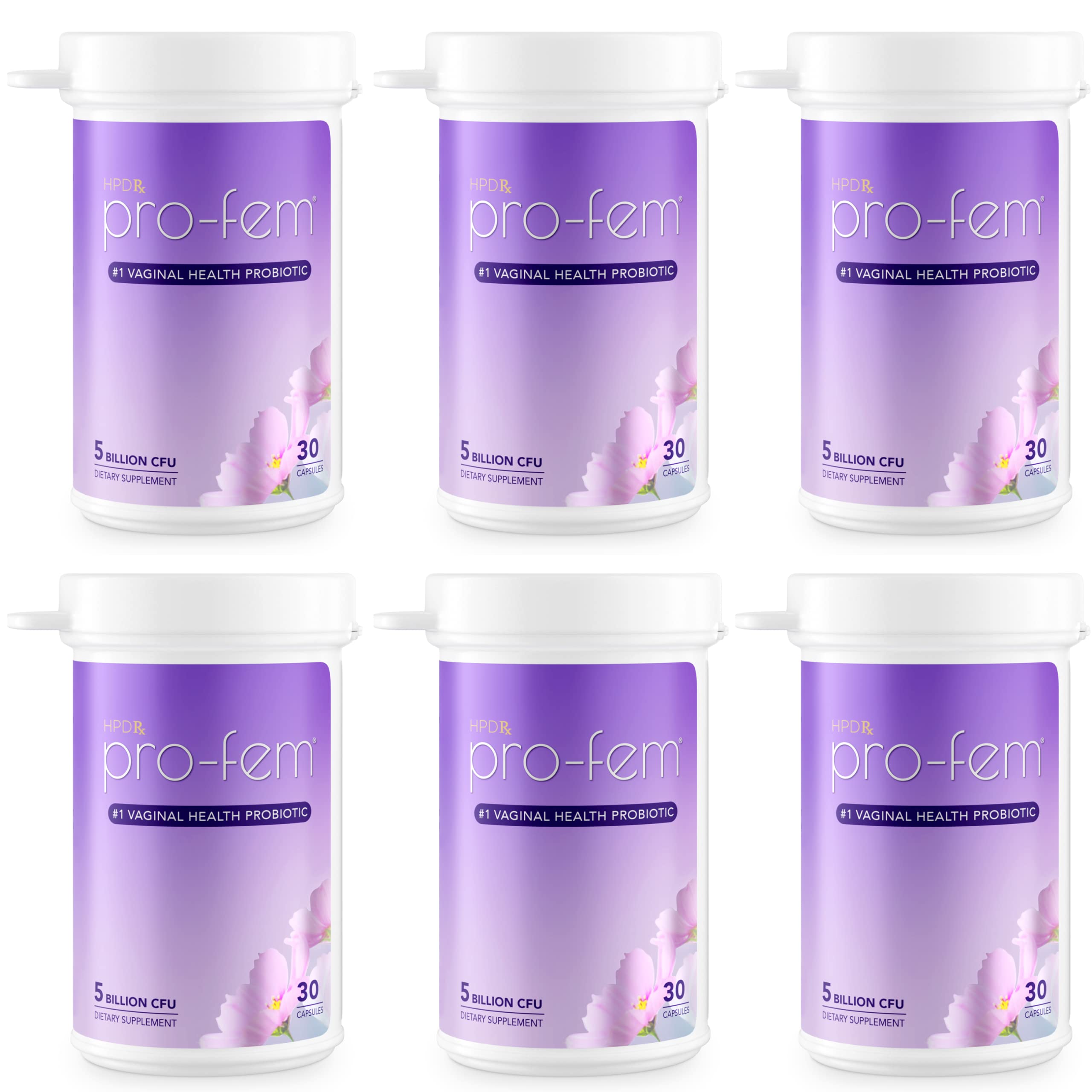 HPD Rx Pro-Fem bottle and capsules illustrate daily vaginal health support for pH balance