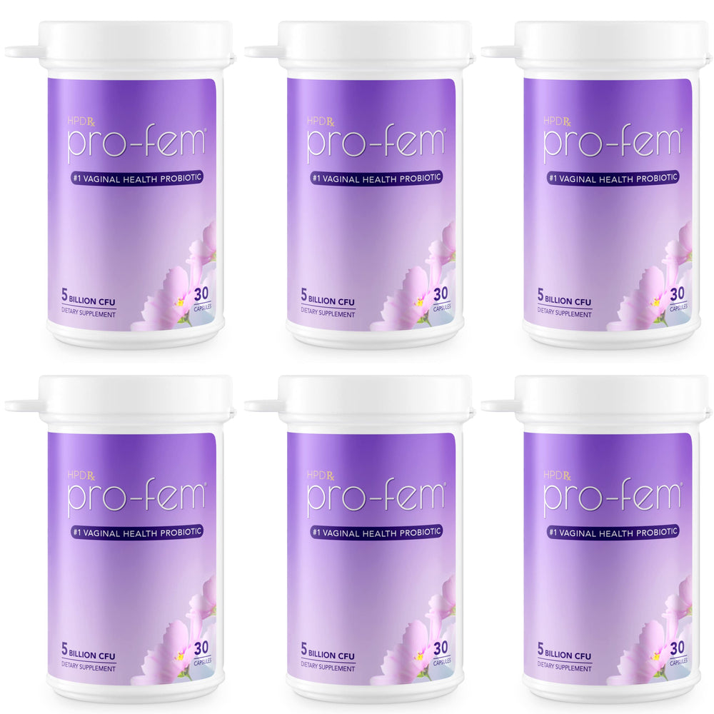 HPD Rx Pro-Fem bottle and capsules illustrate daily vaginal health support for pH balance
