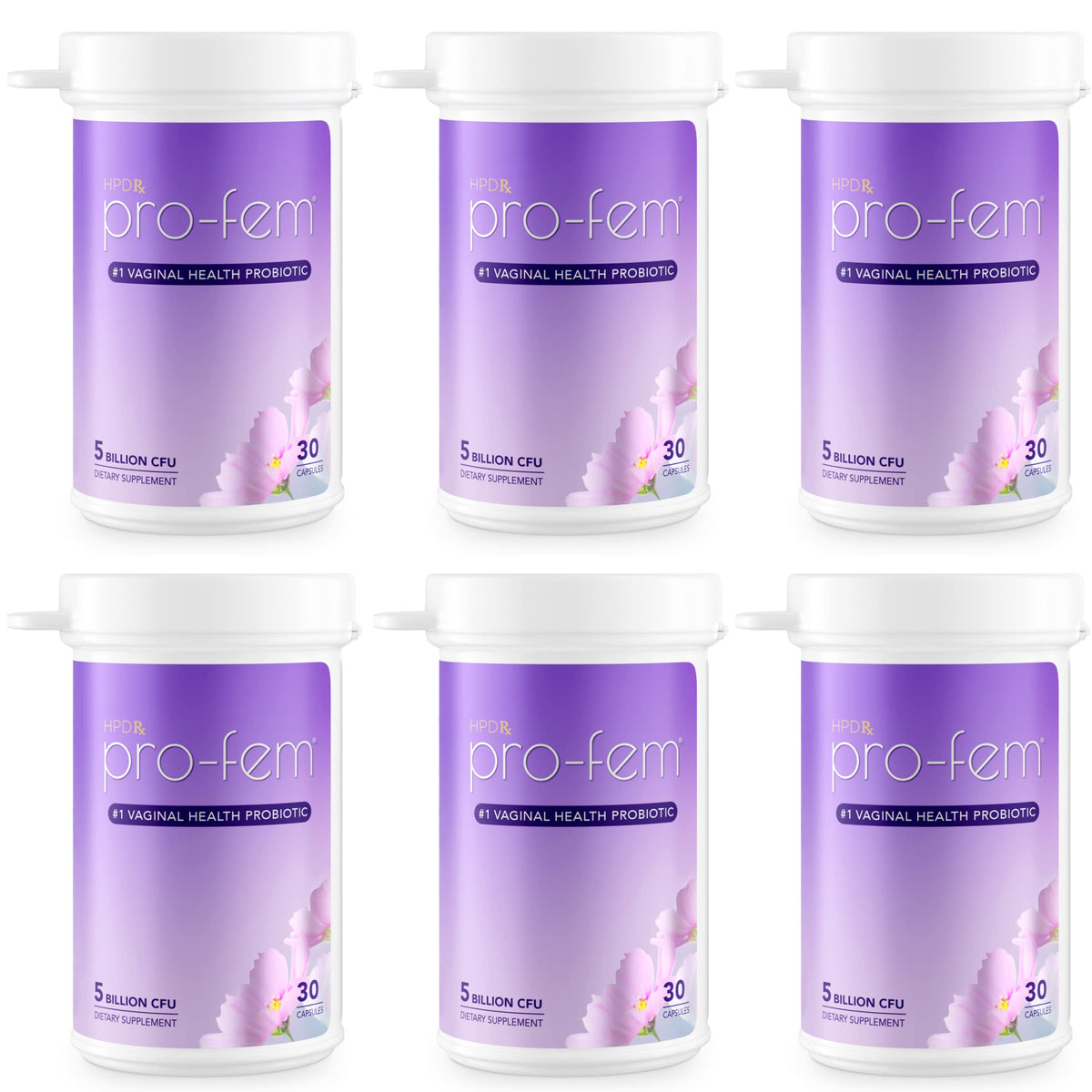 HPD Rx Pro-Fem bottle and capsules illustrate daily vaginal health support for pH balance