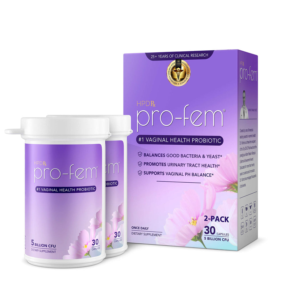 HPD Rx Pro-Fem bottle front illustrates daily probiotic for feminine health