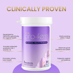 HPD Rx Pro-Fem capsules close-up highlights capsule texture and the two strains GR-1 RC-14