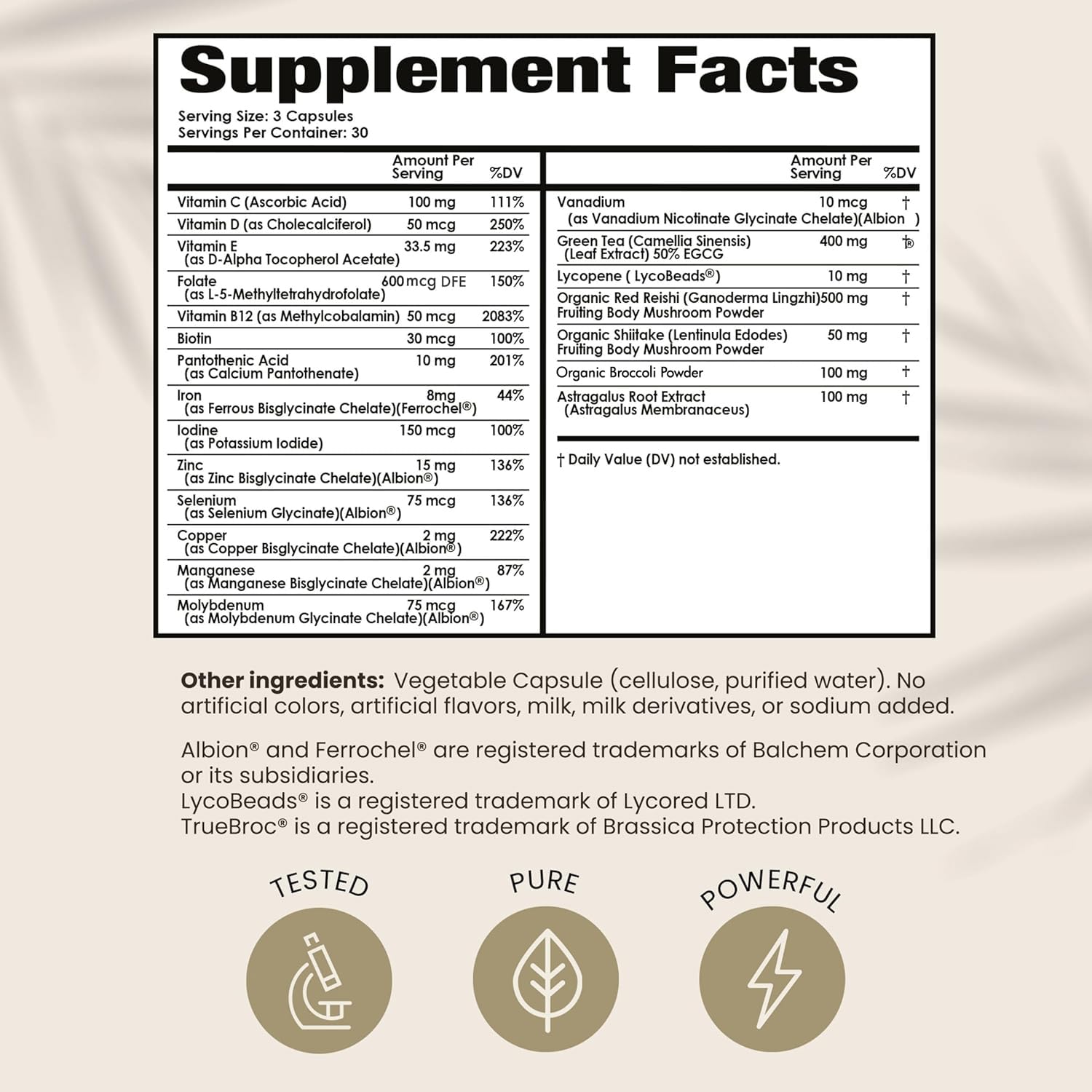 PapClear bottle label detail displaying 21 vitamins and minerals