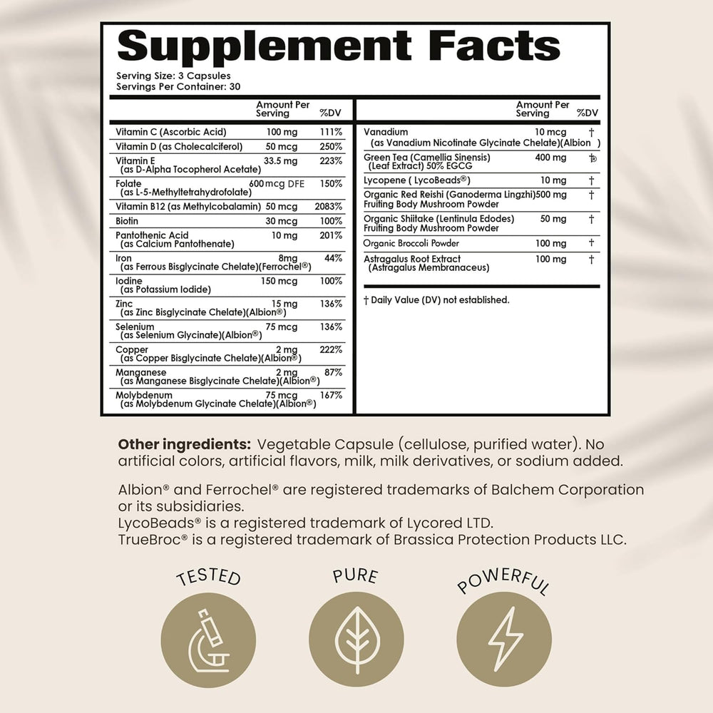 PapClear bottle label detail displaying 21 vitamins and minerals