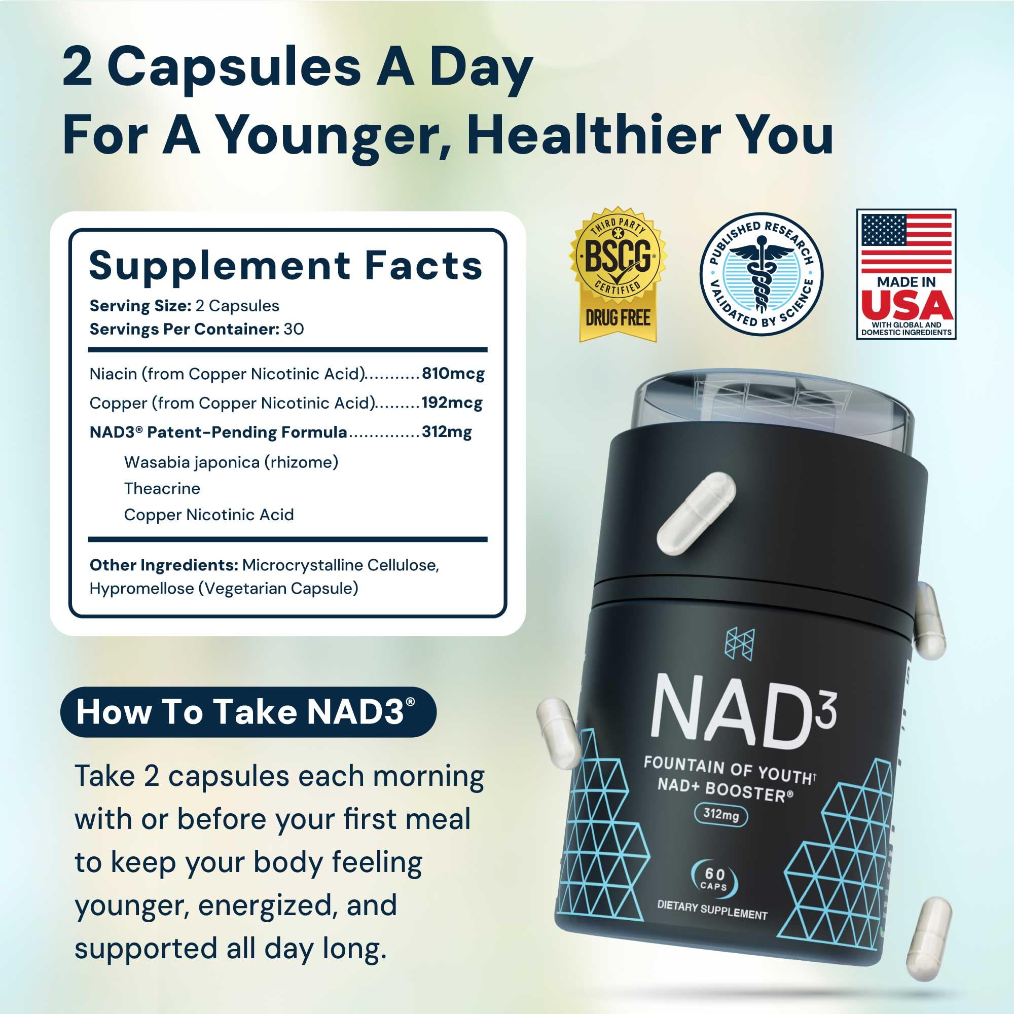 HPN NAD3 capsules close-up showing compact daily-use form