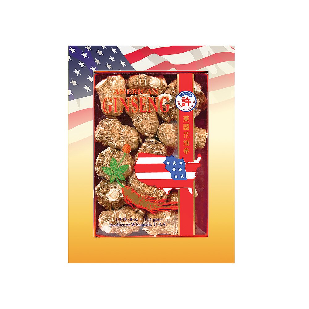 Hsu's American ginseng roots in 4 oz box promoting natural energy and balance.