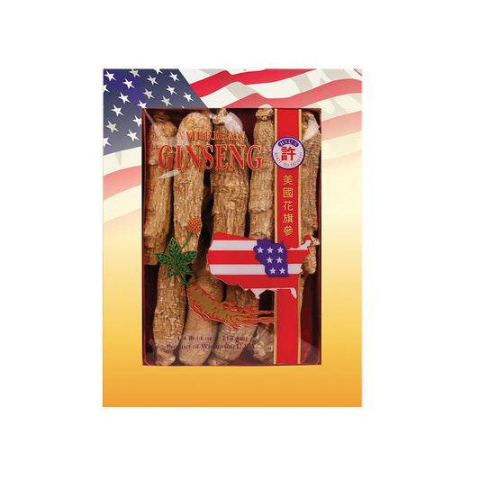 Hsu's American ginseng roots in an 8oz box, ideal for tea.