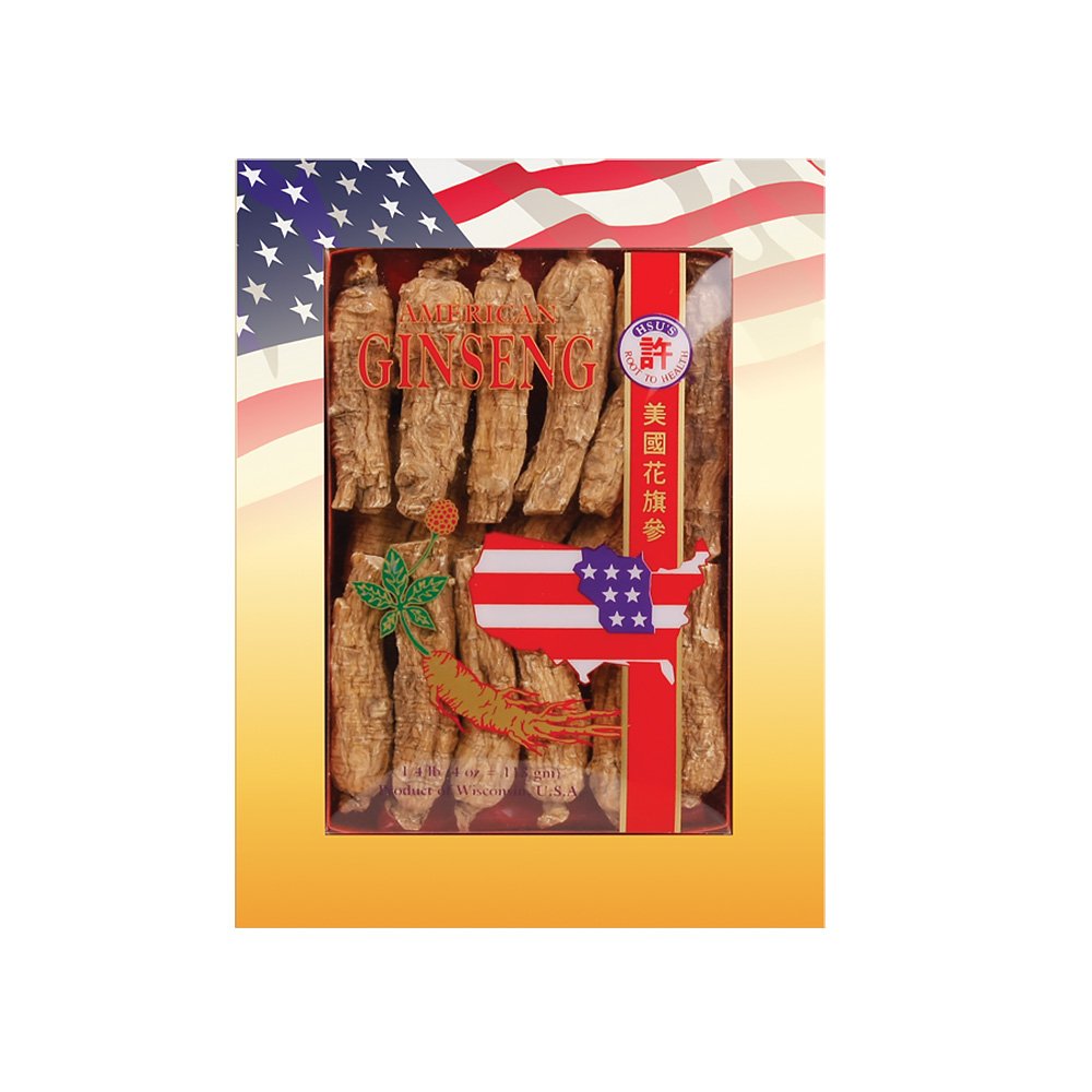 Hsu's American Ginseng roots shown in a tray and box, ideal for gifting and everyday use.