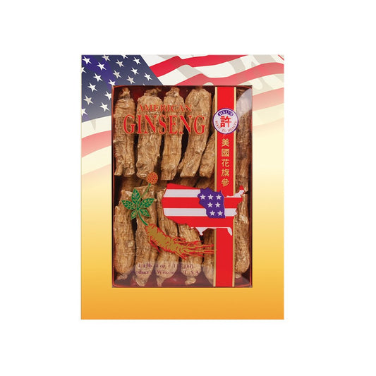 Hsu's American Ginseng roots shown in a tray and box, ideal for gifting and everyday use.
