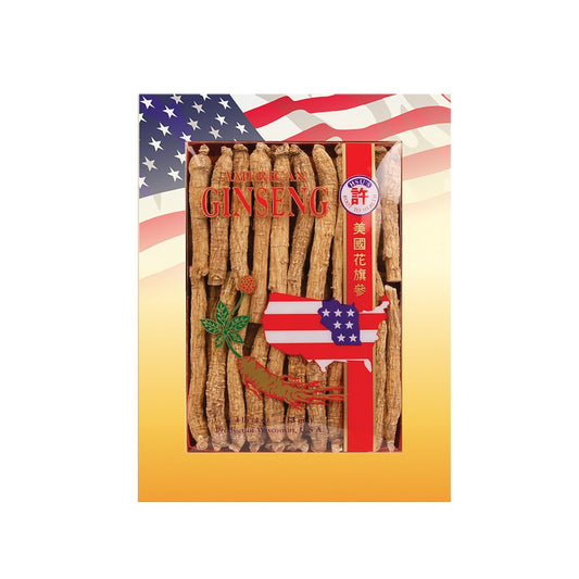 Hsu's Ginseng Wisconsin long roots in a box for convenient tea and culinary use.
