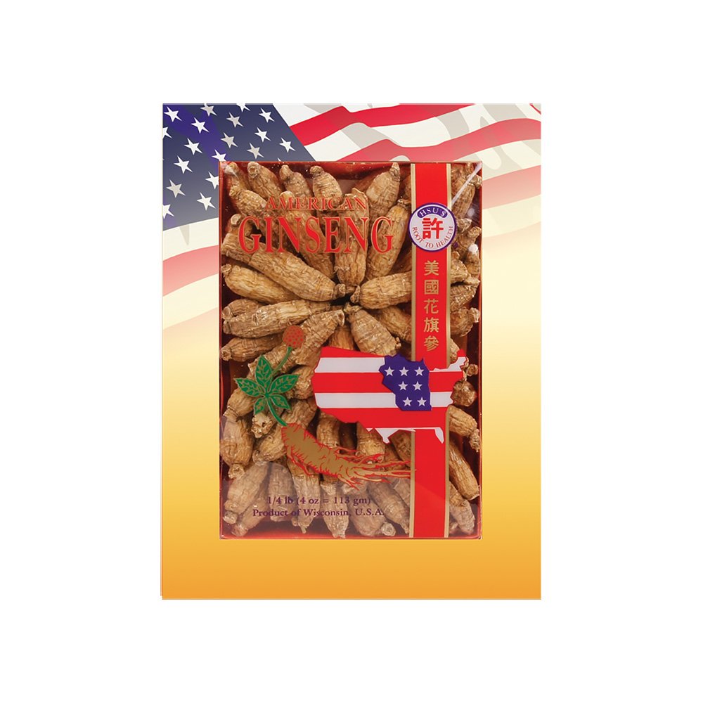Hsu's Wisconsin American ginseng roots in a 4 oz box, ideal for tea.